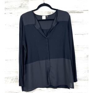 ECRU Womens L Black Sheer Mixed Fabric Long Sleeve Button Up Blouse Work Evening